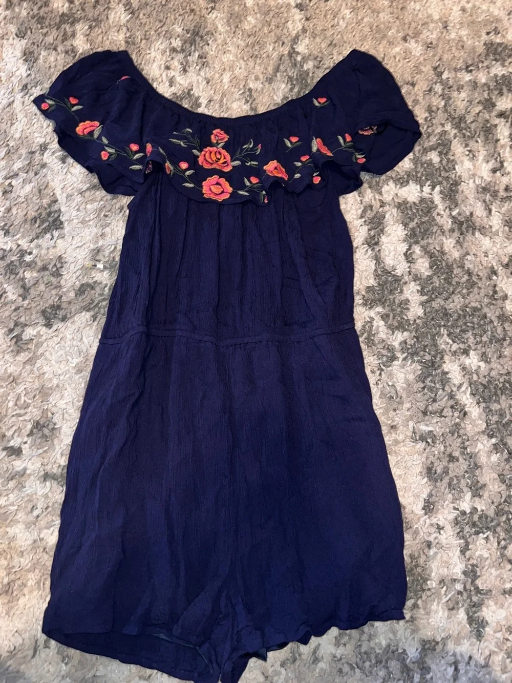 Women's Navy Off-Shoulder Embroidered Romper size large